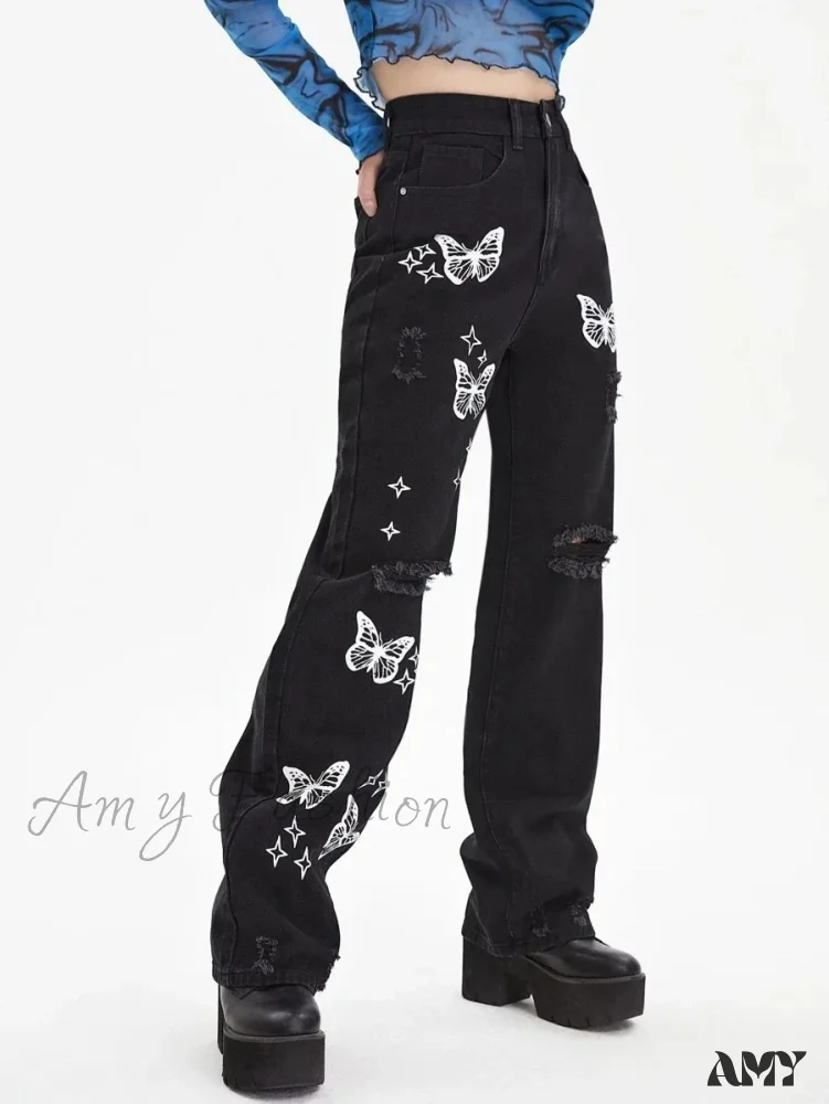 Amy Fashion - New Butterfly Print Ripped High Waist Loose Straight Cotton Streetwear Jean - Image 5