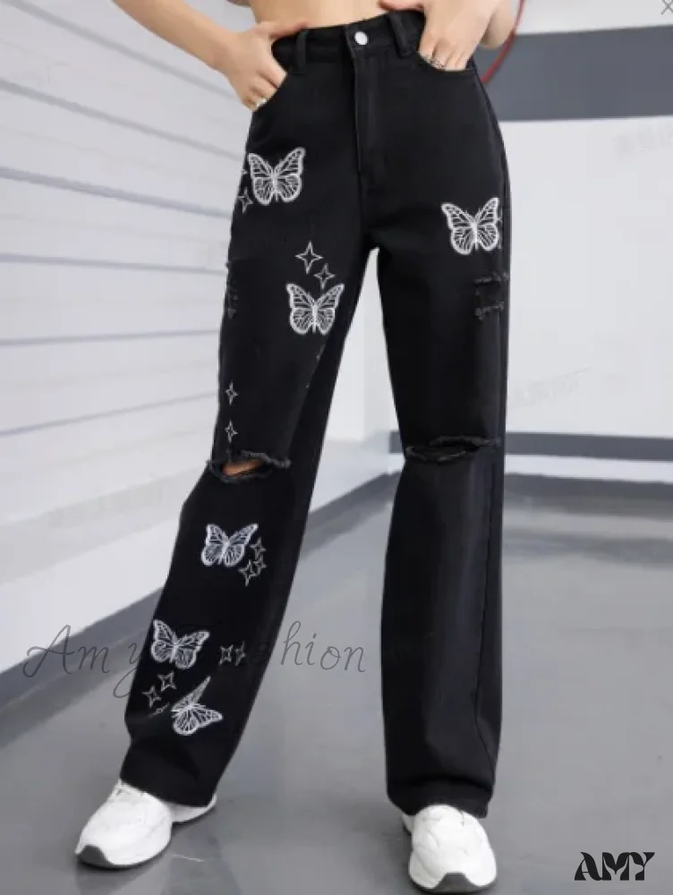 Amy Fashion - New Butterfly Print Ripped High Waist Loose Straight Cotton Streetwear Jean - Image 6