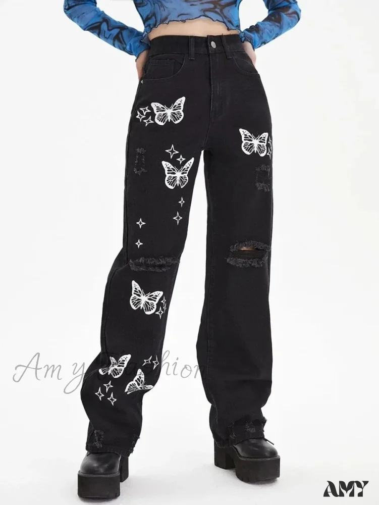 Amy Fashion - New Butterfly Print Ripped High Waist Loose Straight Cotton Streetwear Jean - Image 7
