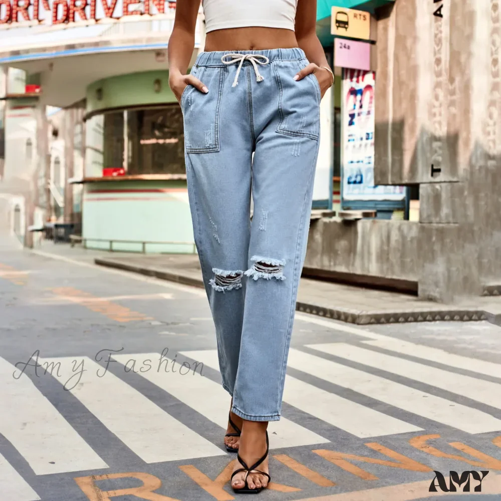 Amy Fashion - New Ripped Drawstring Elastic Waist Vintage Casual Fashion Baggy Denim Jean - Image 2