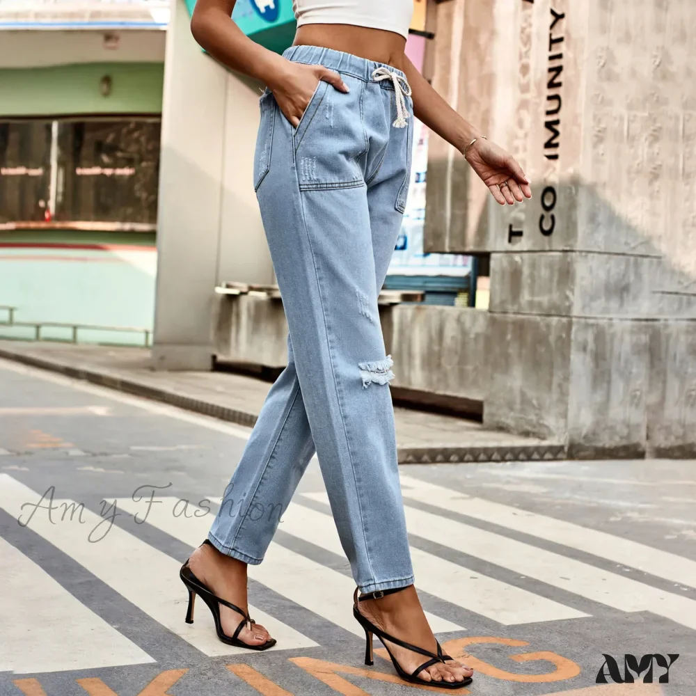 Amy Fashion - New Ripped Drawstring Elastic Waist Vintage Casual Fashion Baggy Denim Jean - Image 3