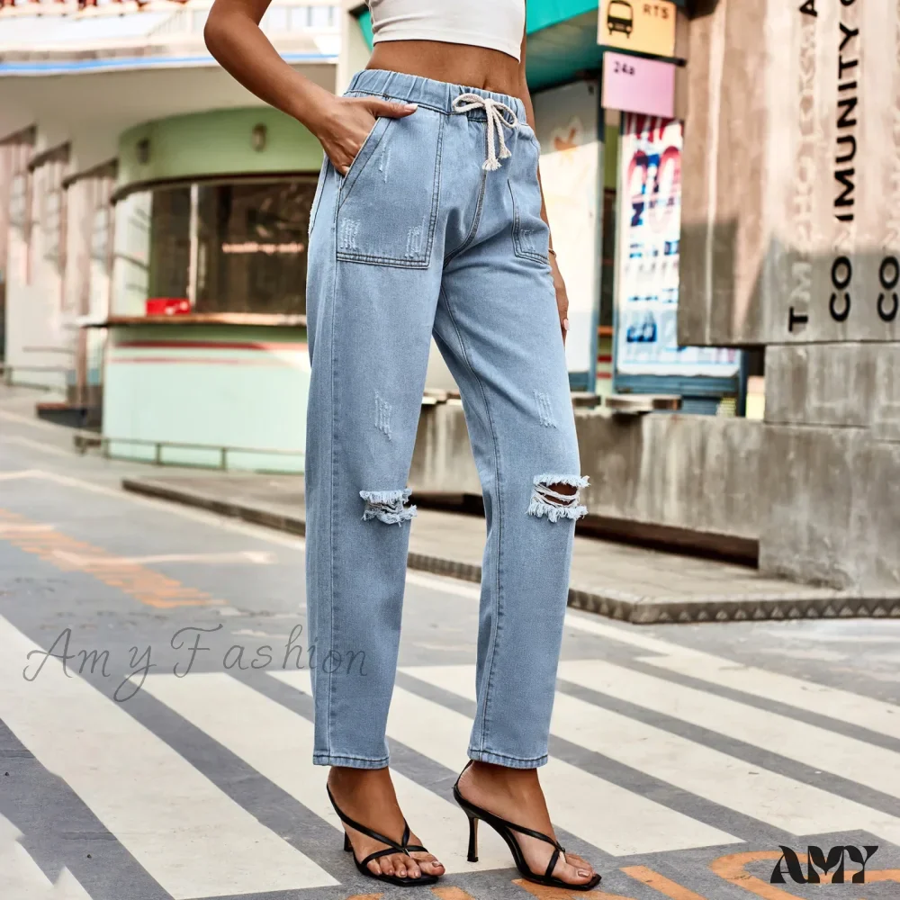Amy Fashion - New Ripped Drawstring Elastic Waist Vintage Casual Fashion Baggy Denim Jean - Image 4