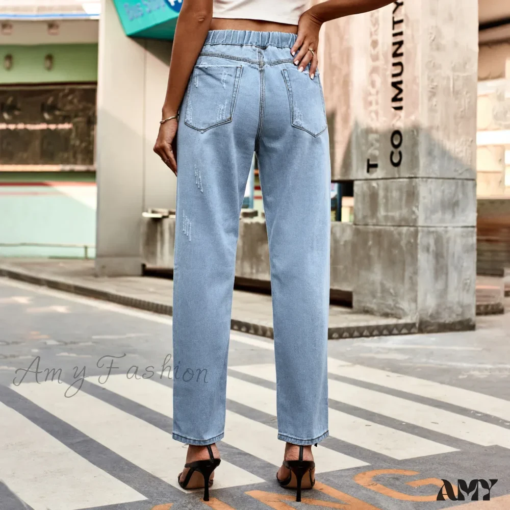 Amy Fashion - New Ripped Drawstring Elastic Waist Vintage Casual Fashion Baggy Denim Jean - Image 5