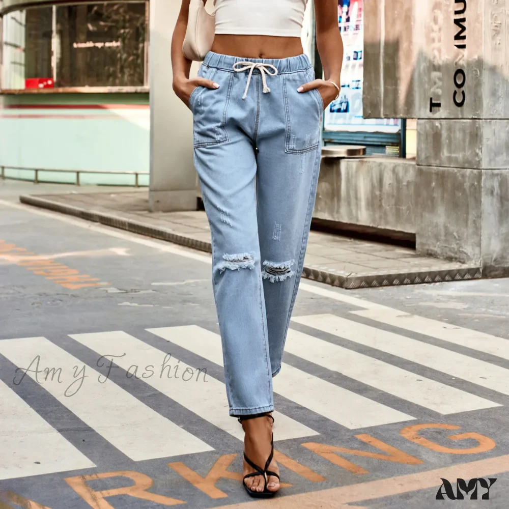 Amy Fashion - New Ripped Drawstring Elastic Waist Vintage Casual Fashion Baggy Denim Jean - Image 7