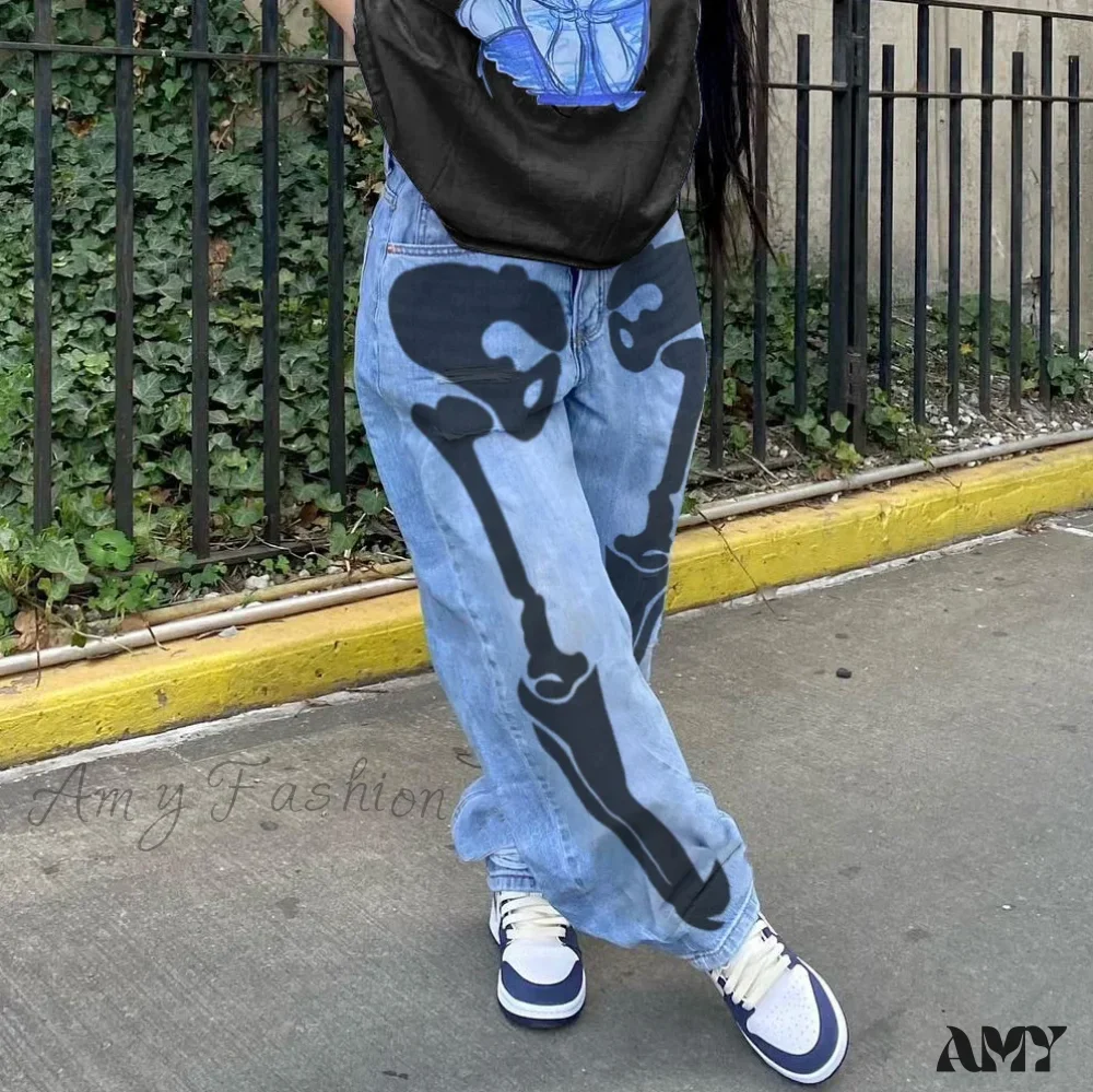 Amy Fashion - Personality Skull Print High Waist Straight Leg Slouchy American Street Y2K Jean - Image 3