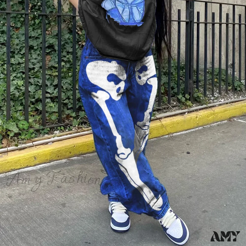 Amy Fashion - Personality Skull Print High Waist Straight Leg Slouchy American Street Y2K Jean - Image 8