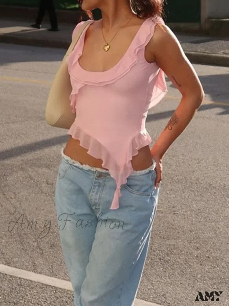 AMY - Fashion Sleeveless Sexy Ruffles Irregular Summer Camis Crop Top - Image 2