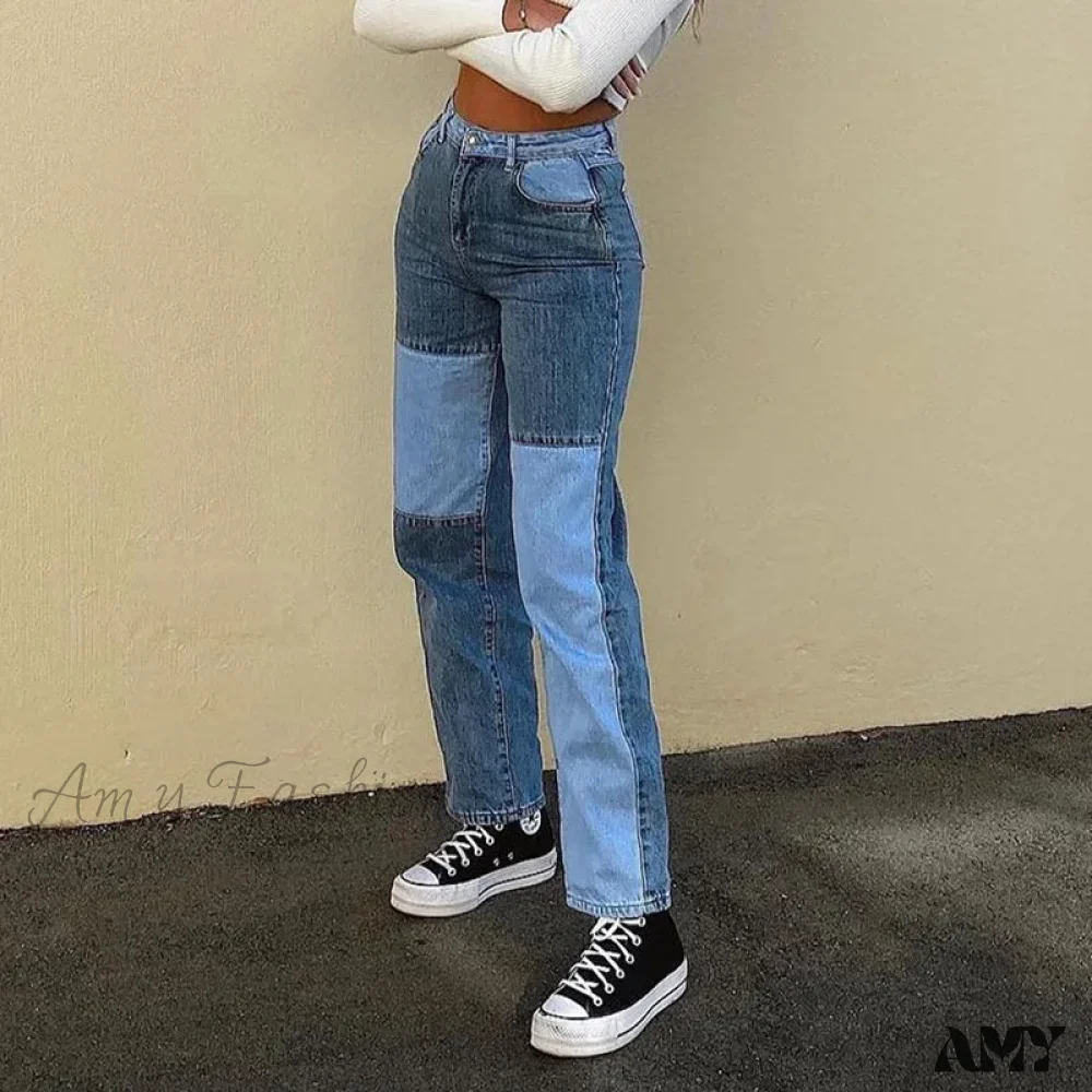 Amy Fashion - Splicing Thin Casual Straight Hip-Hop Street Denim Jean - Image 2
