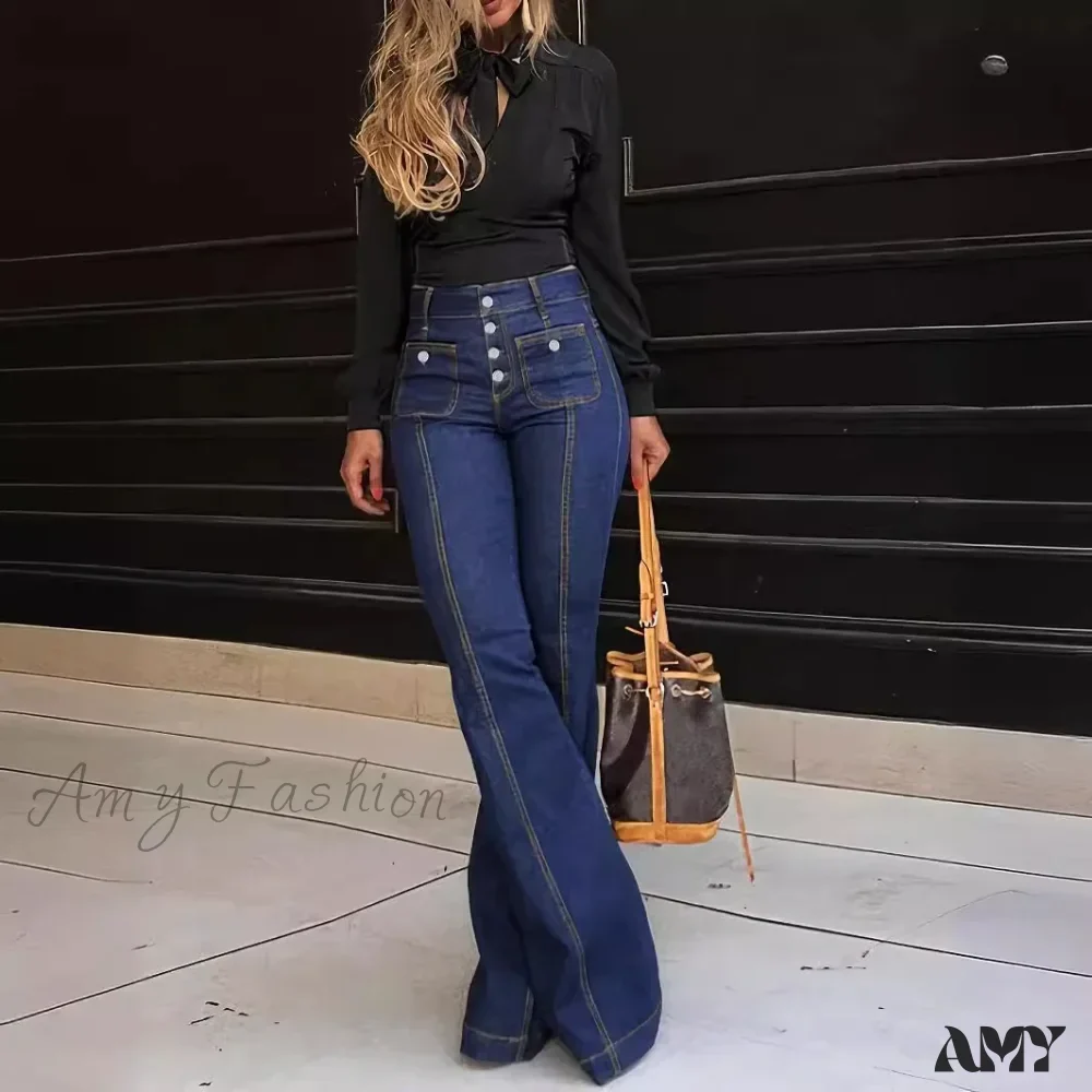 Amy Fashion - Spring Summer New Retro High Waist Stitching Washed Stretch Slim Bell-Bottom Denim Jean - Image 2