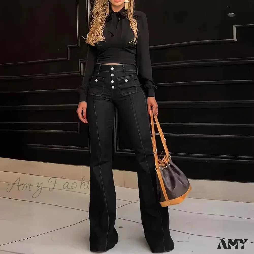 Amy Fashion - Spring Summer New Retro High Waist Stitching Washed Stretch Slim Bell-Bottom Denim Jean - Image 3