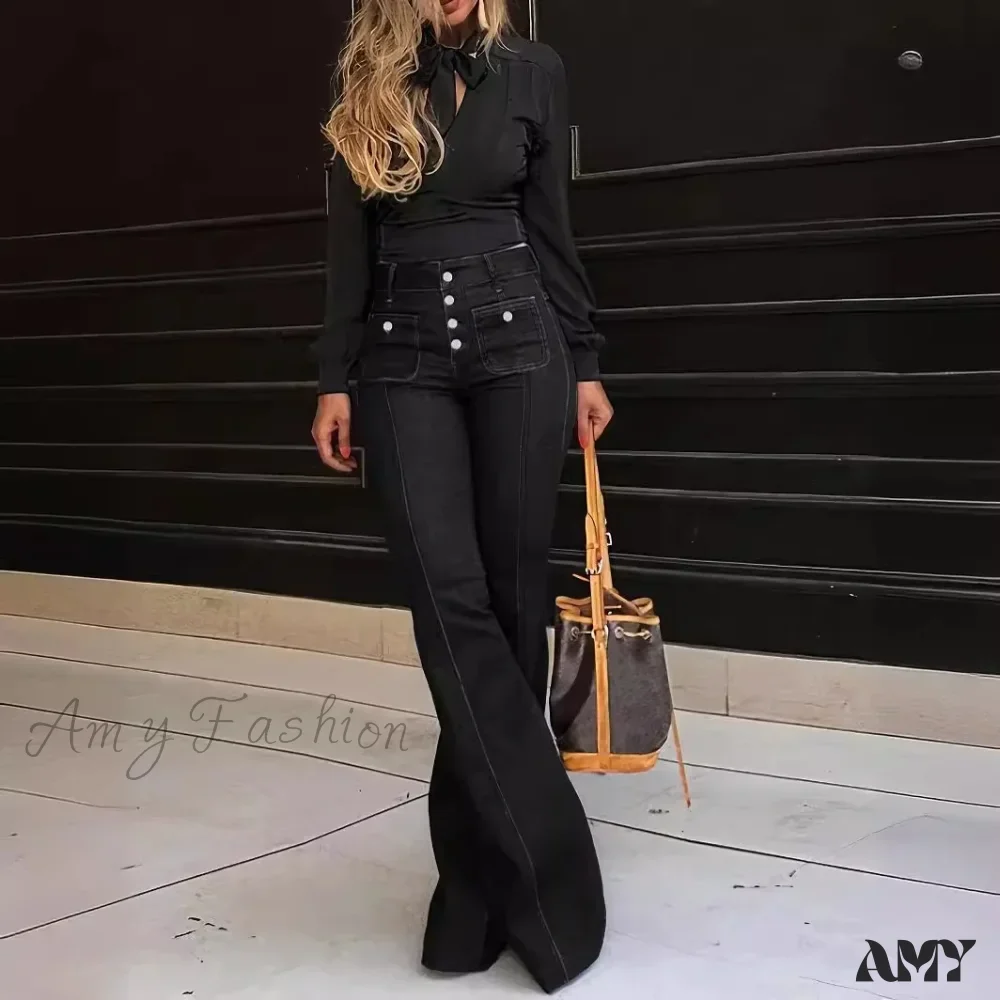 Amy Fashion - Spring Summer New Retro High Waist Stitching Washed Stretch Slim Bell-Bottom Denim Jean - Image 4