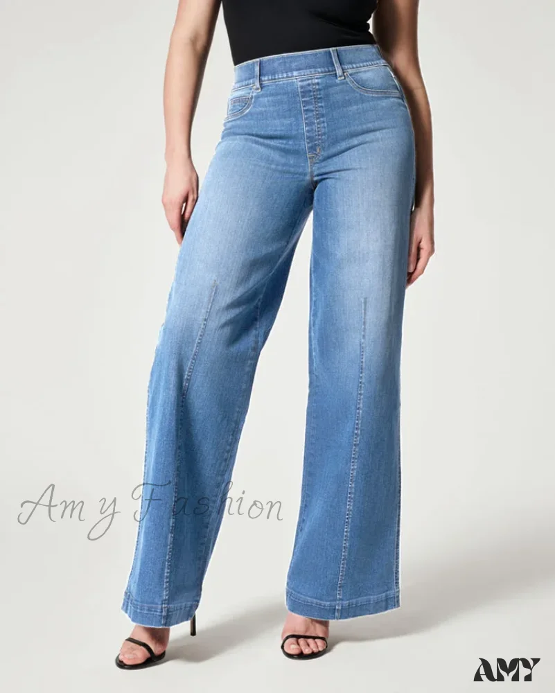 Amy Fashion - Straight Leg Stretch Fit High Waist Wide Indigo Lounge Stylish Jean - Image 2