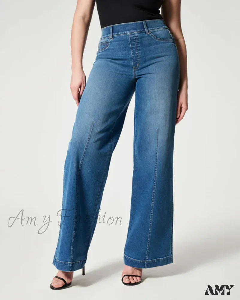 Amy Fashion - Straight Leg Stretch Fit High Waist Wide Indigo Lounge Stylish Jean - Image 4