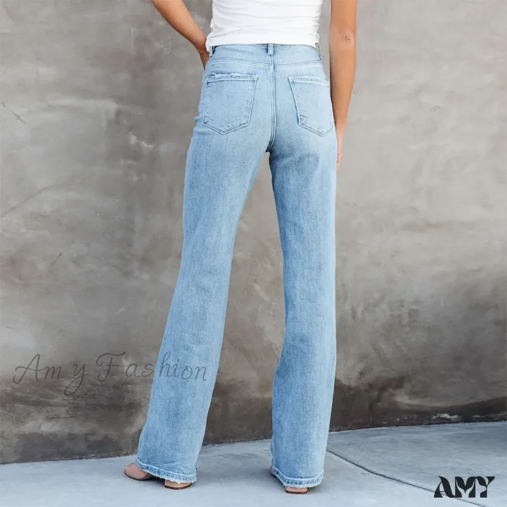 Amy Fashion - Stretch Blue High Waist Loose Wide Leg Vintage Fashionable Washed Straight Casual Jean - Image 2