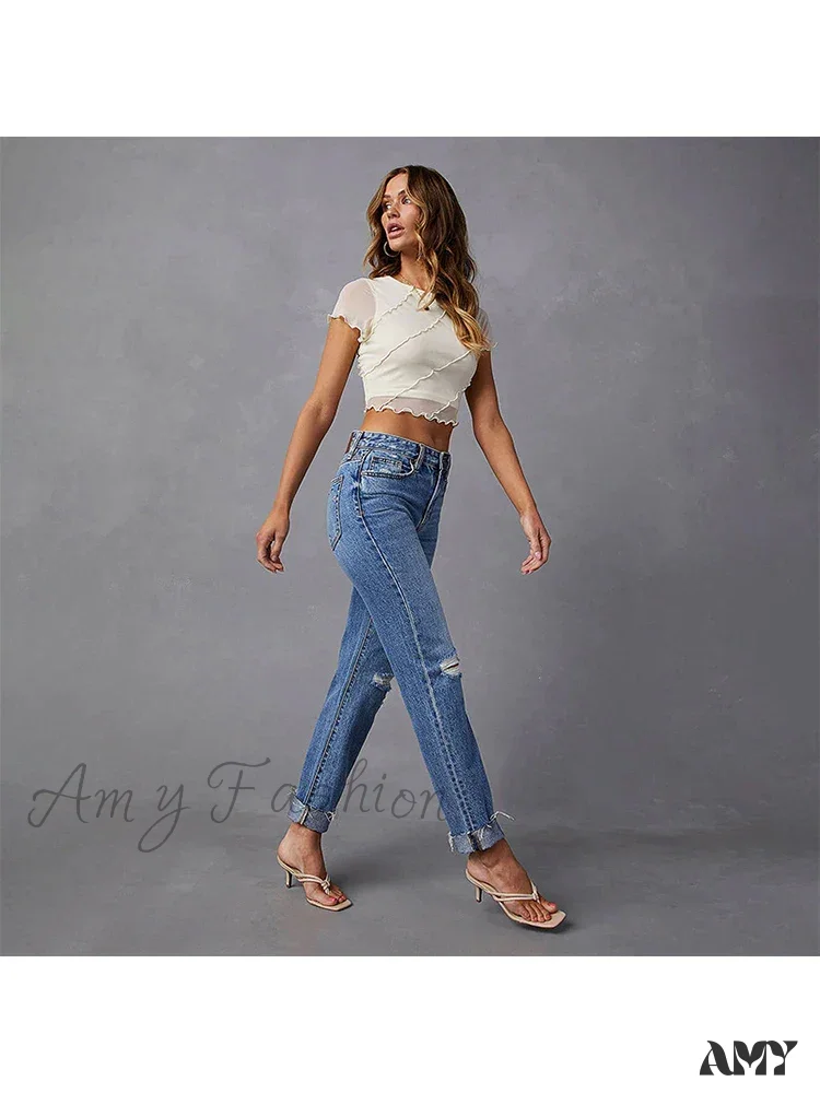 Amy Fashion - Stretch Blue High Waist Ripped Casual Fashion Streetwear Denim Jean - Image 3