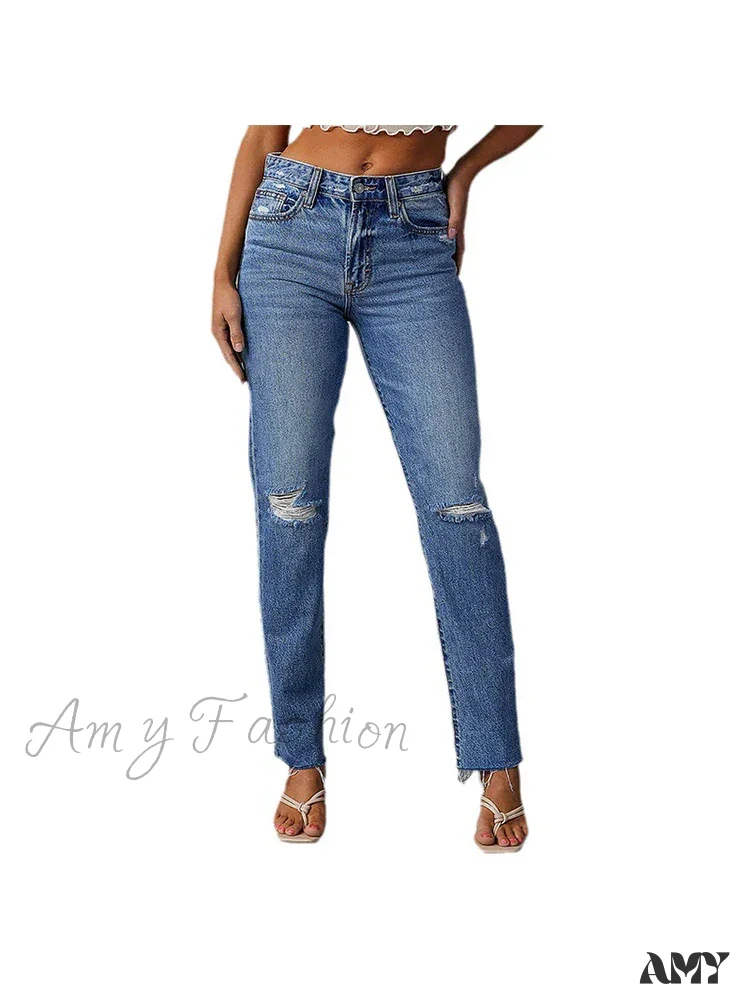 Amy Fashion - Stretch Blue High Waist Ripped Casual Fashion Streetwear Denim Jean - Image 4