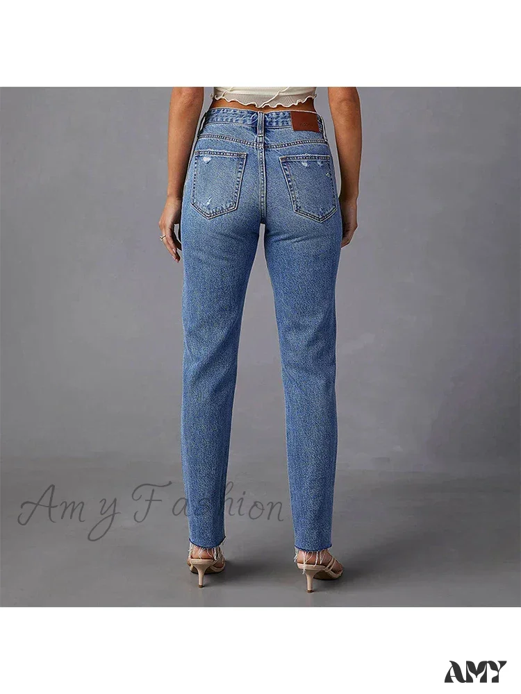 Amy Fashion - Stretch Blue High Waist Ripped Casual Fashion Streetwear Denim Jean - Image 5