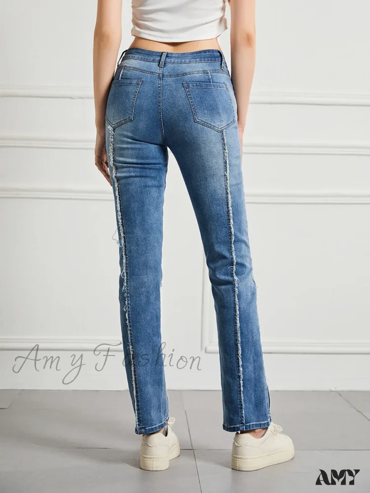 Amy Fashion - Stretch Flare Fashion Slim Splice Bottom Streetwear Denim Jean - Image 2