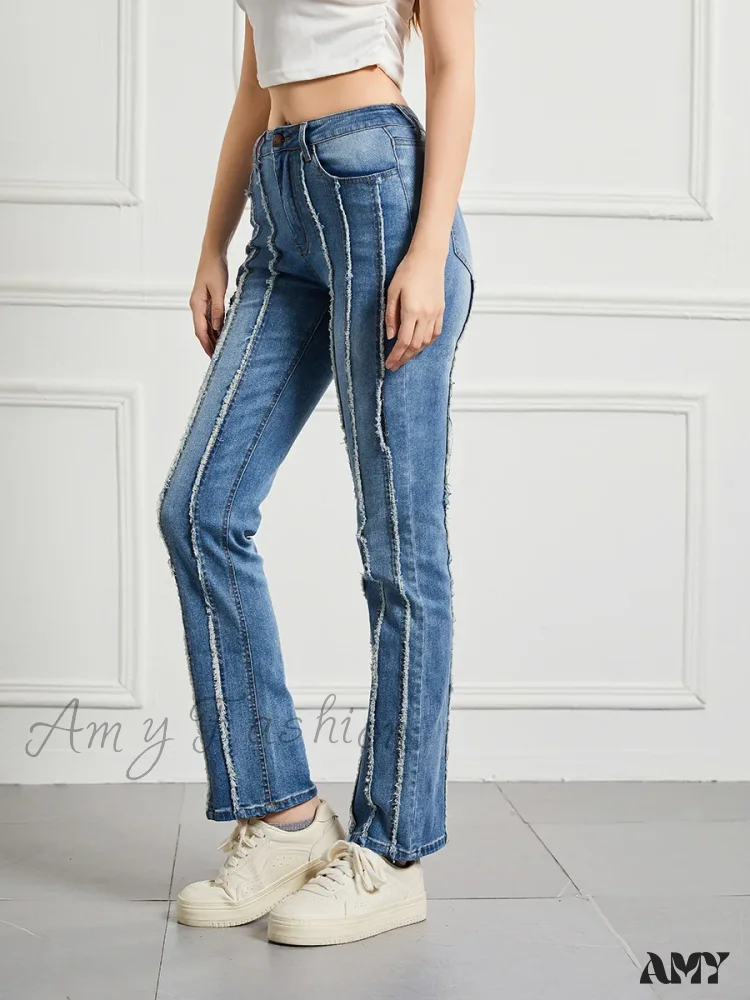 Amy Fashion - Stretch Flare Fashion Slim Splice Bottom Streetwear Denim Jean - Image 3