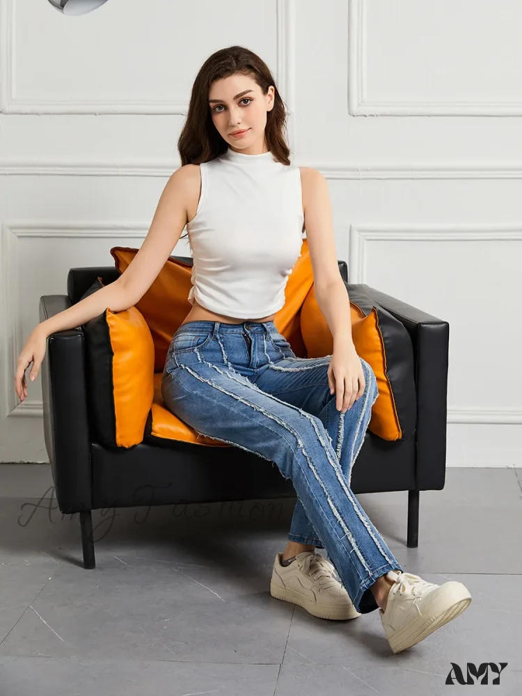 Amy Fashion - Stretch Flare Fashion Slim Splice Bottom Streetwear Denim Jean - Image 4