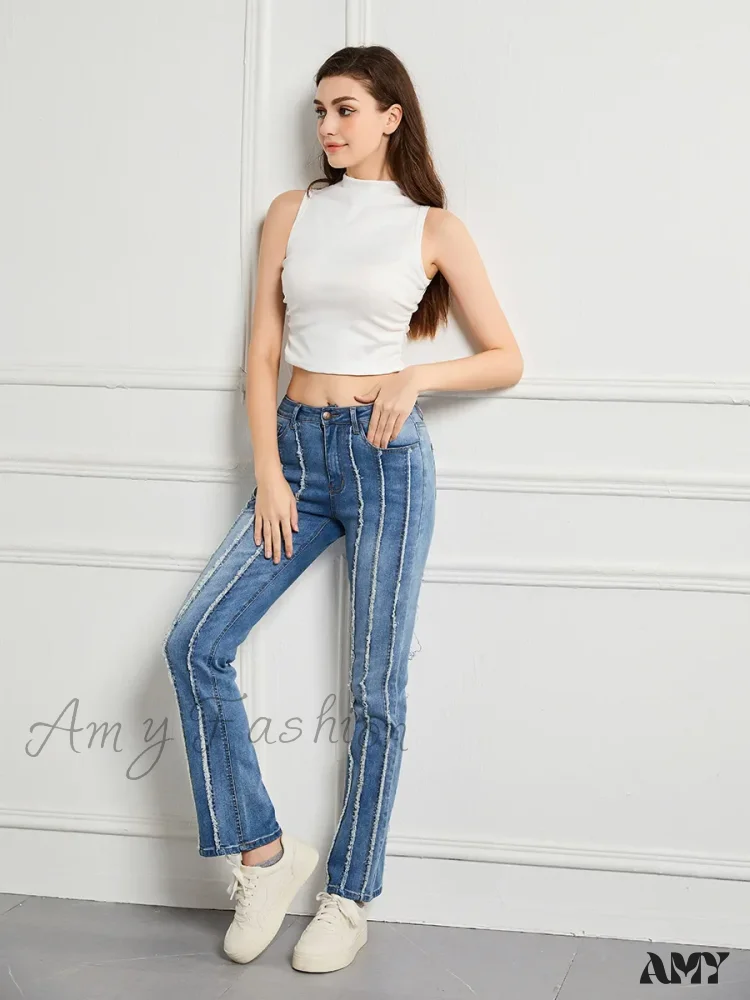 Amy Fashion - Stretch Flare Fashion Slim Splice Bottom Streetwear Denim Jean - Image 5