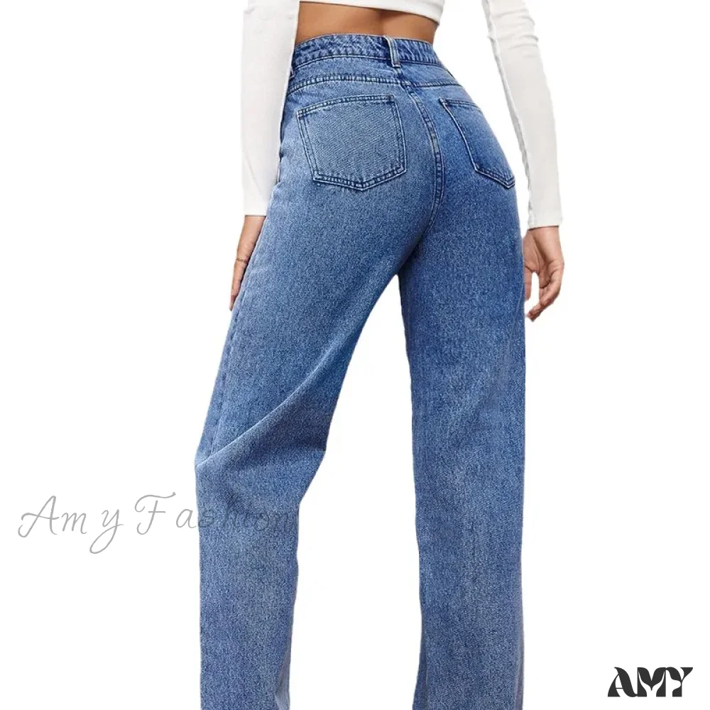 Amy Fashion - Stretch Straight-Leg Denim Trousers Women Loose Straight Washed Denim Pants Fashion Pants 2024 Fall Winter new Jean - Image 3