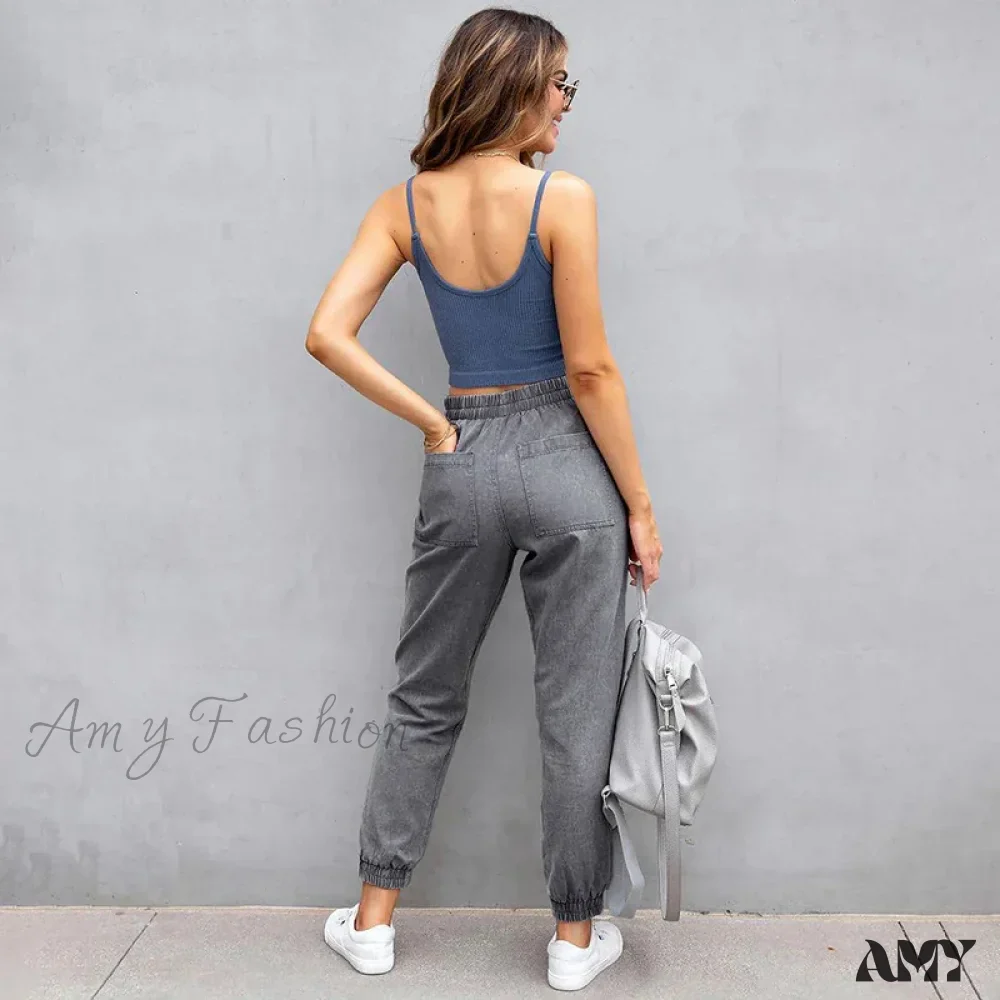 Amy Fashion - Stretch Women High Waist Wide Leg Casual Fashion Pocket Drawstring Women Clothing Mom Jean - Image 3