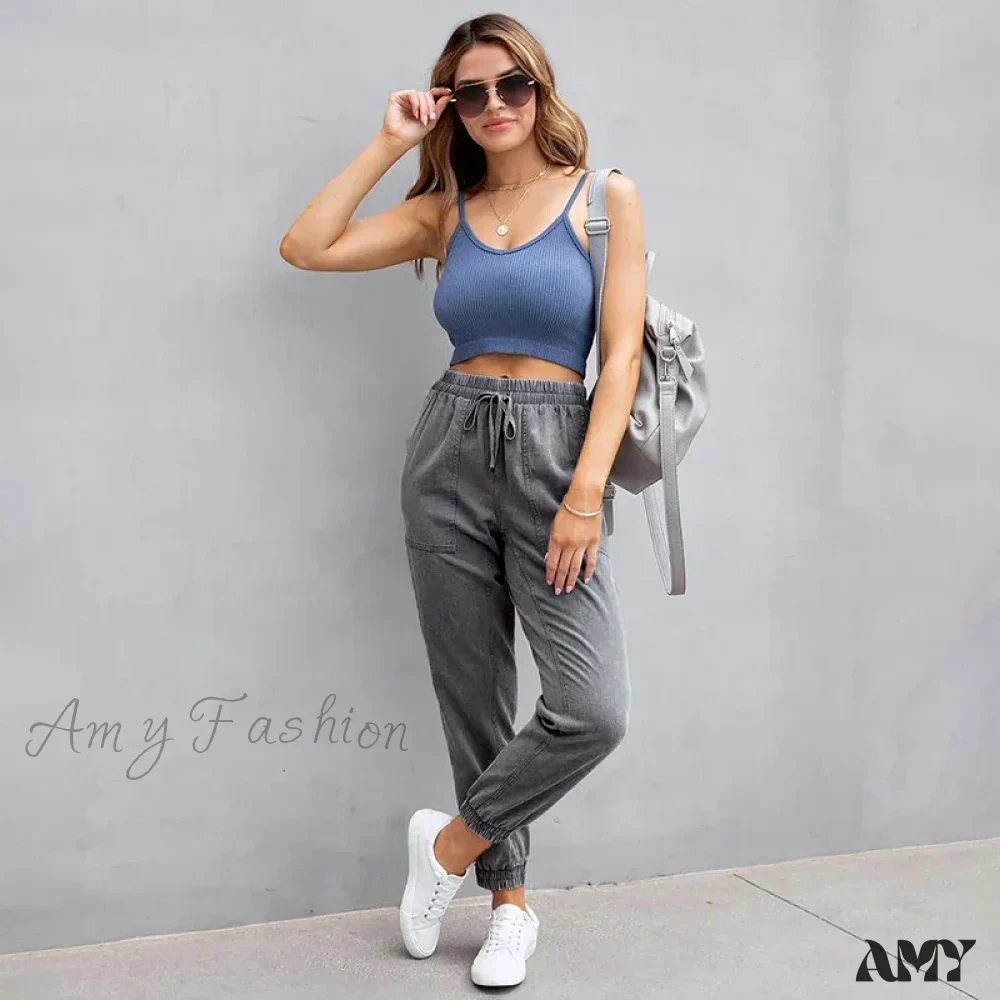 Amy Fashion - Stretch Women High Waist Wide Leg Casual Fashion Pocket Drawstring Women Clothing Mom Jean - Image 4