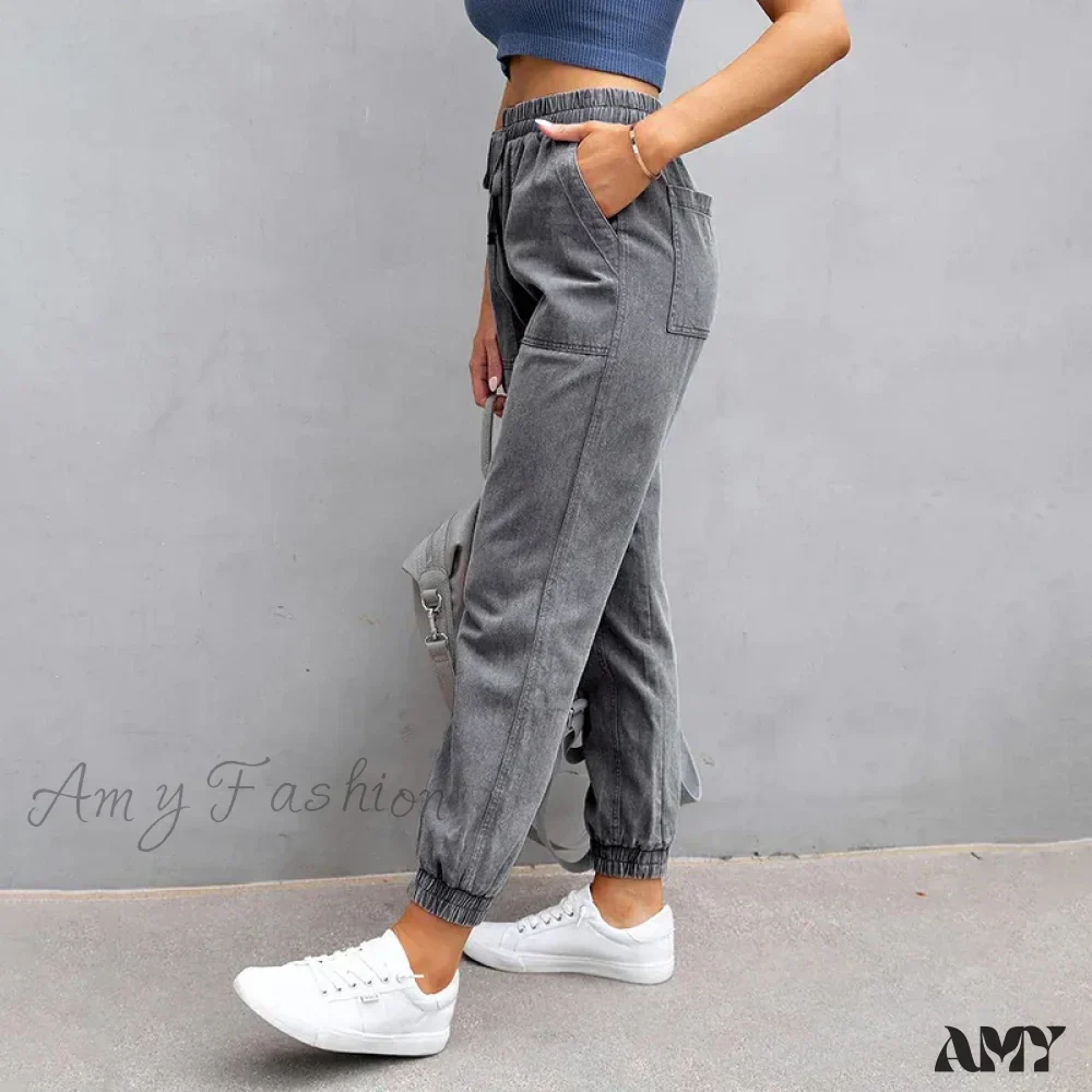 Amy Fashion - Stretch Women High Waist Wide Leg Casual Fashion Pocket Drawstring Women Clothing Mom Jean - Image 5
