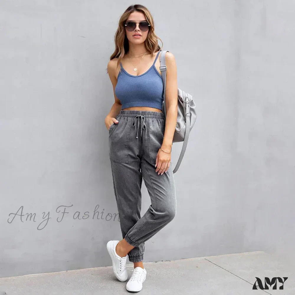 Amy Fashion - Stretch Women High Waist Wide Leg Casual Fashion Pocket Drawstring Women Clothing Mom Jean - Image 6
