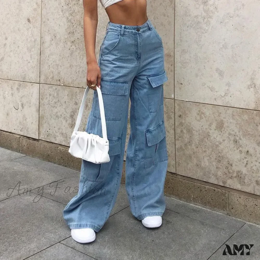 Amy Fashion - Stylish Loose High Waist Solid Color Casual Wild Wide Leg Multi Pockets Jean - Image 3