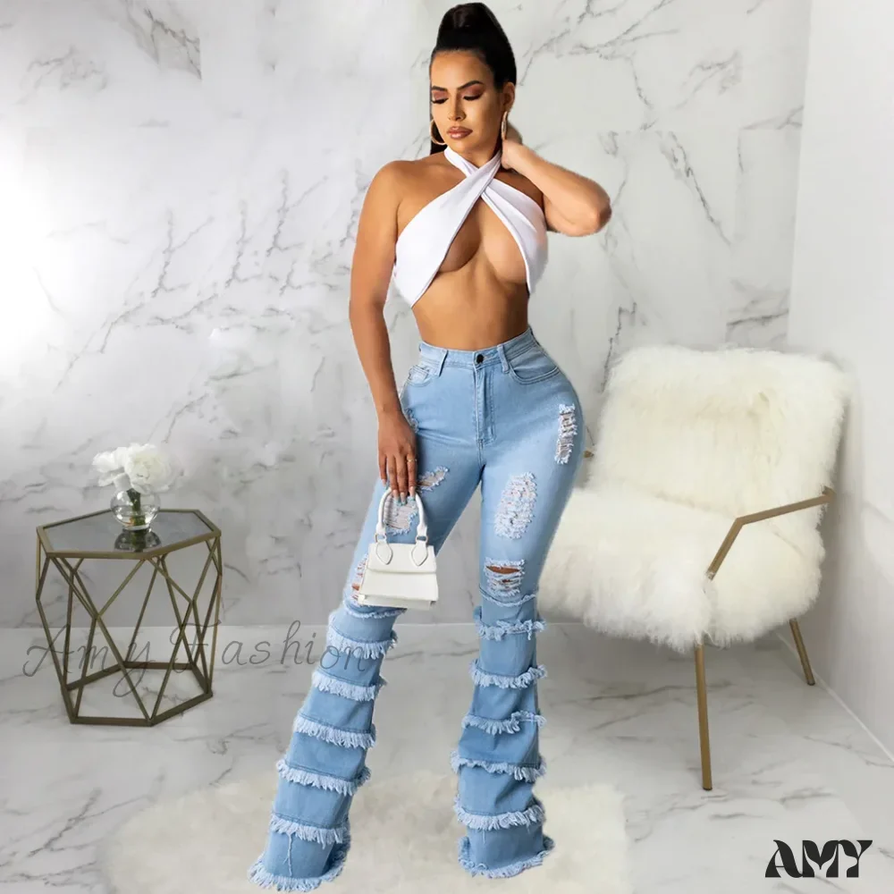 Amy Fashion - Tassel Thousand Layers Flared Design Light Blue Ripped Fashion Wide Leg Ladies Jean