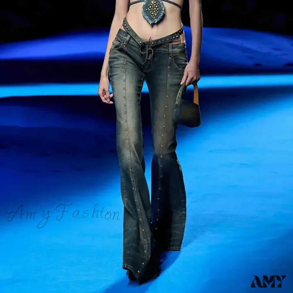 Amy Fashion - Vintage Woman Low Rise Rivet Stitching Distressed Y2K Flared 90s Streetwear Women Jean - Image 3