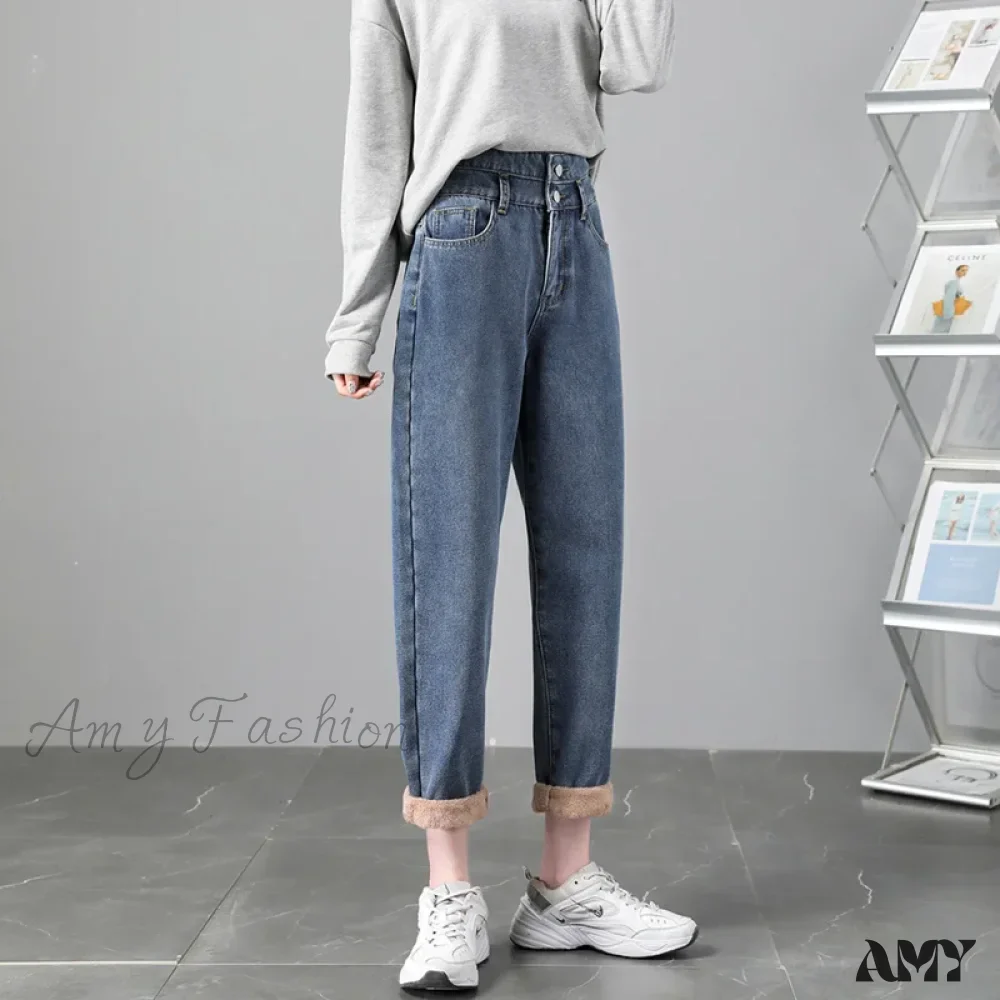 Amy Fashion - Warm Harem Thicken High Waist Vintage Loose Wide-leg Fleece Denim Jean - Image 3