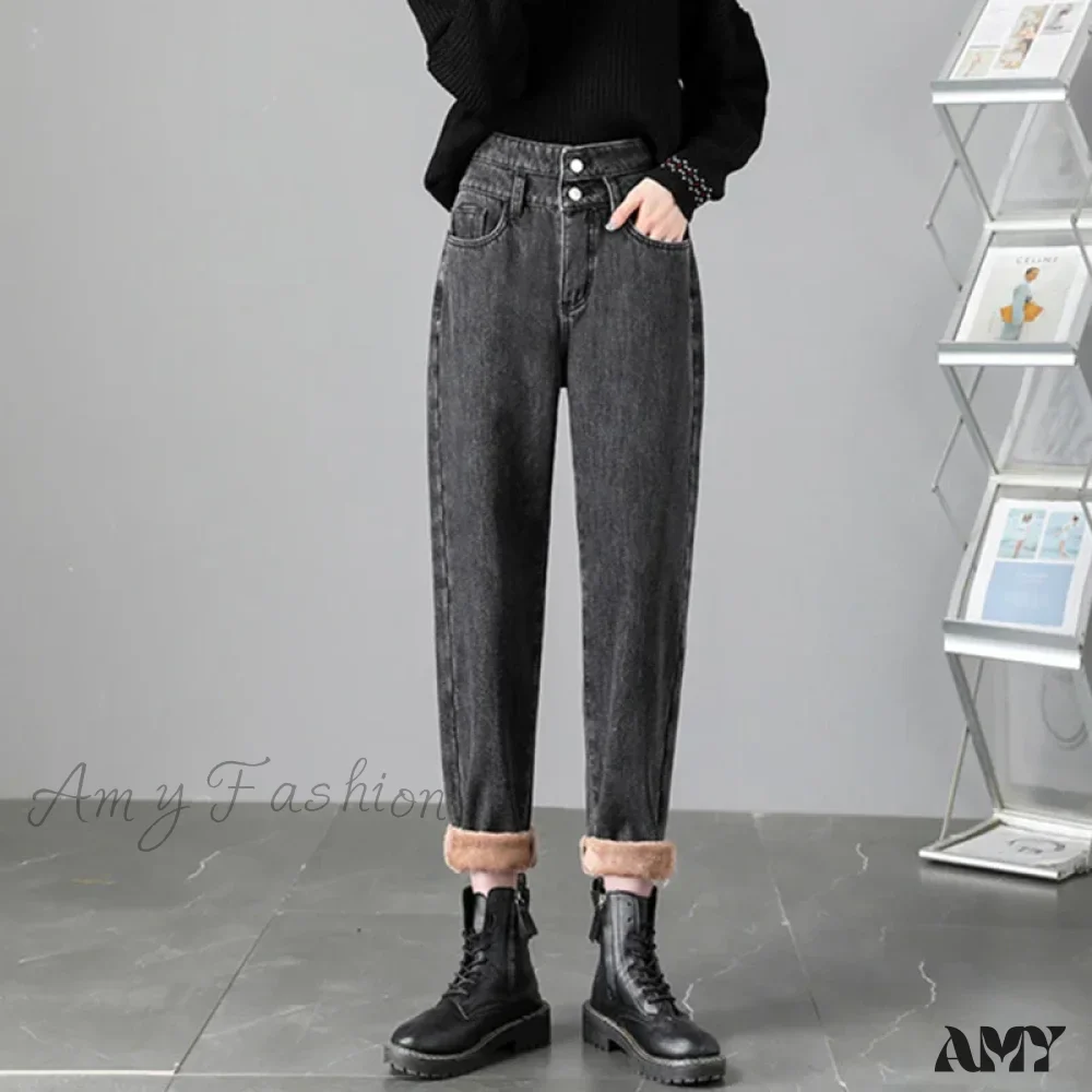 Amy Fashion - Warm Harem Thicken High Waist Vintage Loose Wide-leg Fleece Denim Jean - Image 6