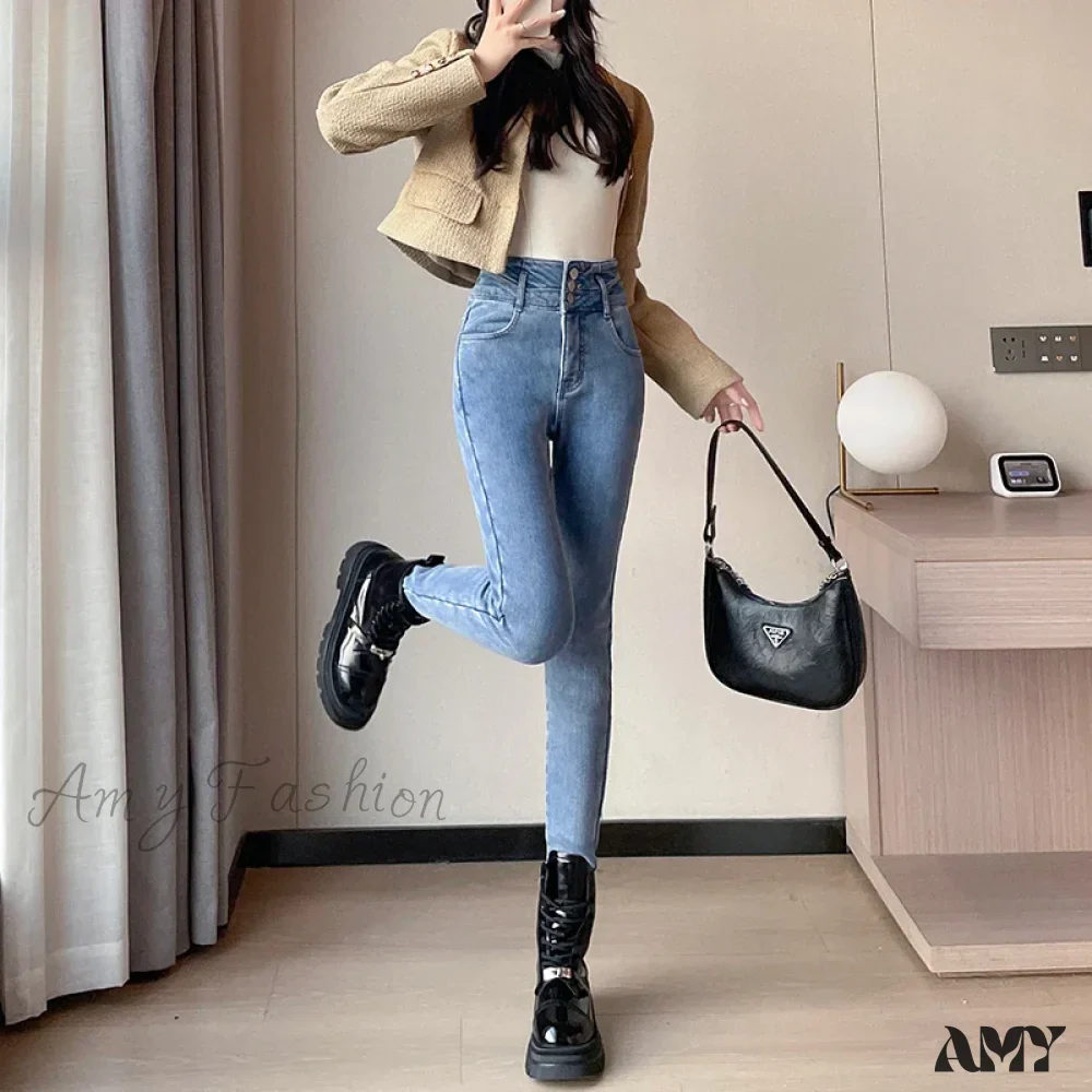 Amy Fashion - Winter Plus Velvet Skinny Women Stretch Denim Trousers Retro Patchwork Autumn Warm Thick Pencil Pants Jean - Image 3