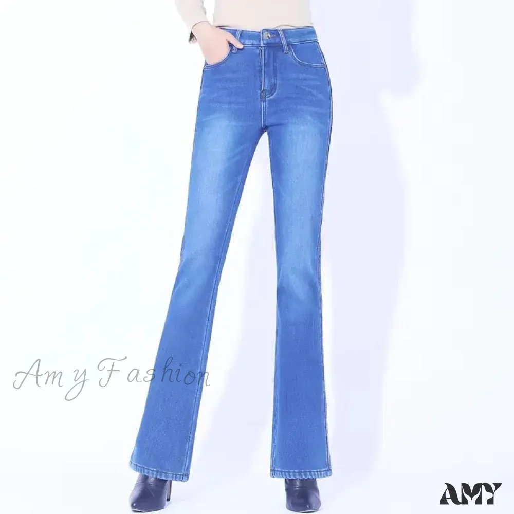 Amy Fashion - Winter Thicken Warm Stretch Woman Flare 2024 New High Waist Korean Fashion Pockets Solid Casual Slim Flared Denim Jean - Image 4