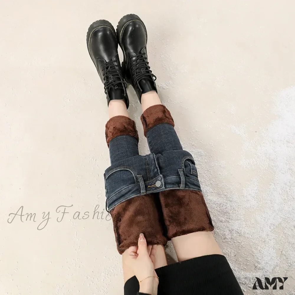 Amy Fashion - Winter Warm Thick Velvet High Skinny Slim Stretch Pencil Denim Jean - Image 2