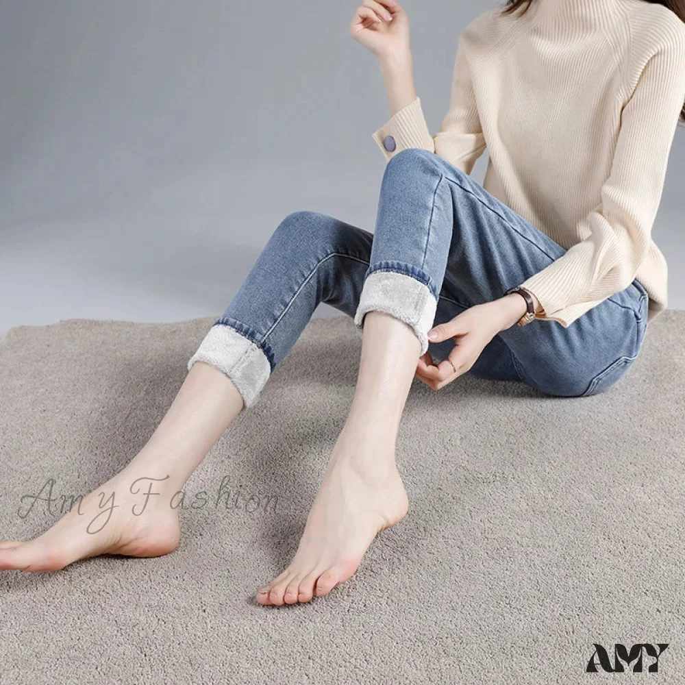 Amy Fashion - Winter Warm Thick Velvet High Skinny Slim Stretch Pencil Denim Jean - Image 3