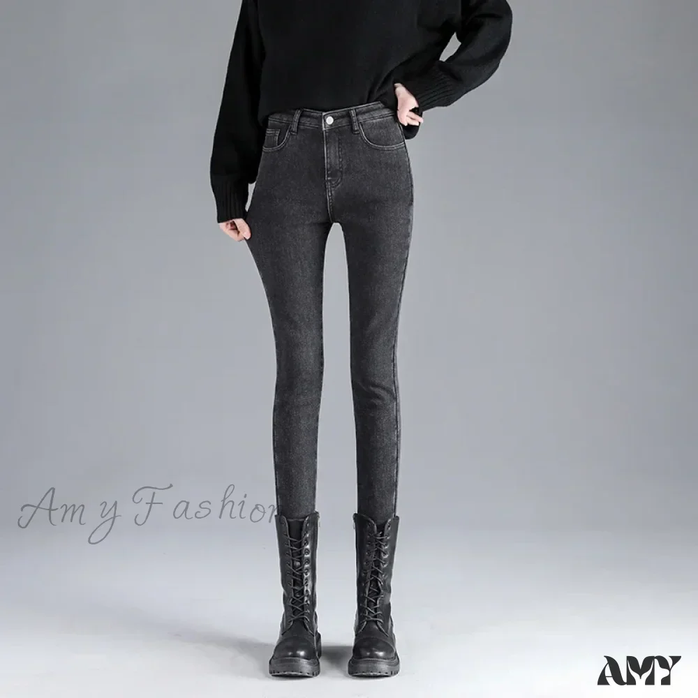 Amy Fashion - Winter Warm Thick Velvet High Skinny Slim Stretch Pencil Denim Jean - Image 4