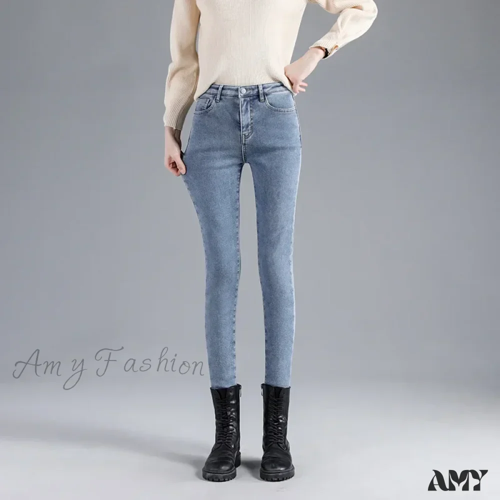 Amy Fashion - Winter Warm Thick Velvet High Skinny Slim Stretch Pencil Denim Jean - Image 5