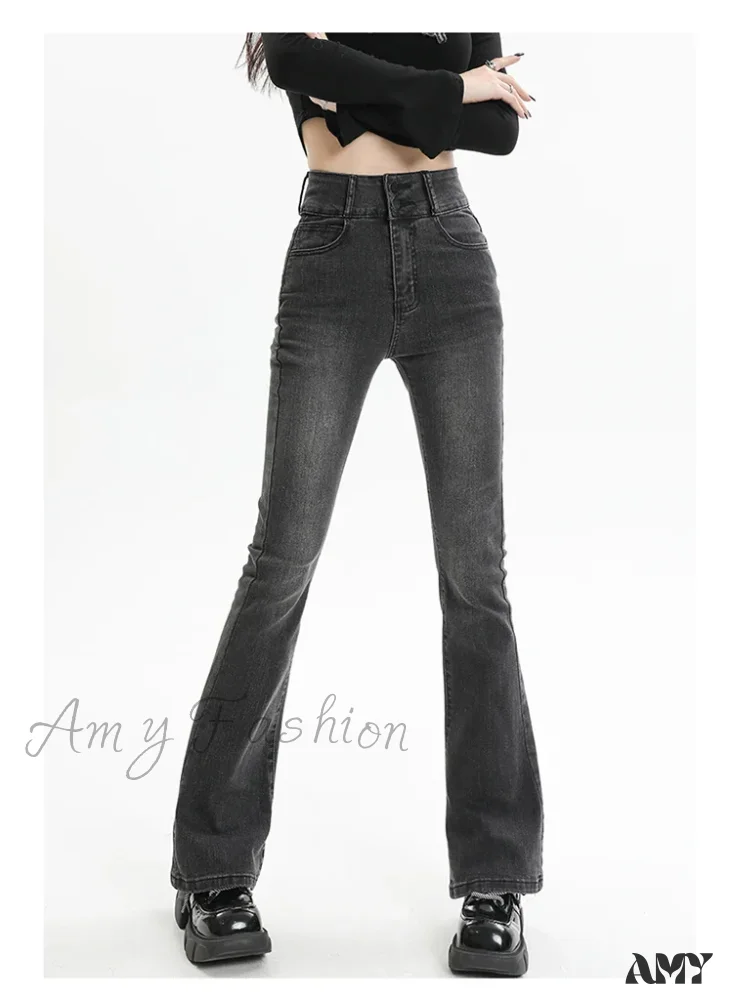Amy Fashion - Winter Women's Plus Velvet Warm Black Flare Vintage High Waist Harajuku Streetwear Wide Leg Straight Denim Trousers Y2K Pa Jean - Image 3