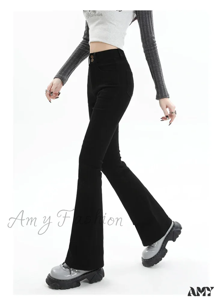 Amy Fashion - Winter Women's Plus Velvet Warm Black Flare Vintage High Waist Harajuku Streetwear Wide Leg Straight Denim Trousers Y2K Pa Jean - Image 4