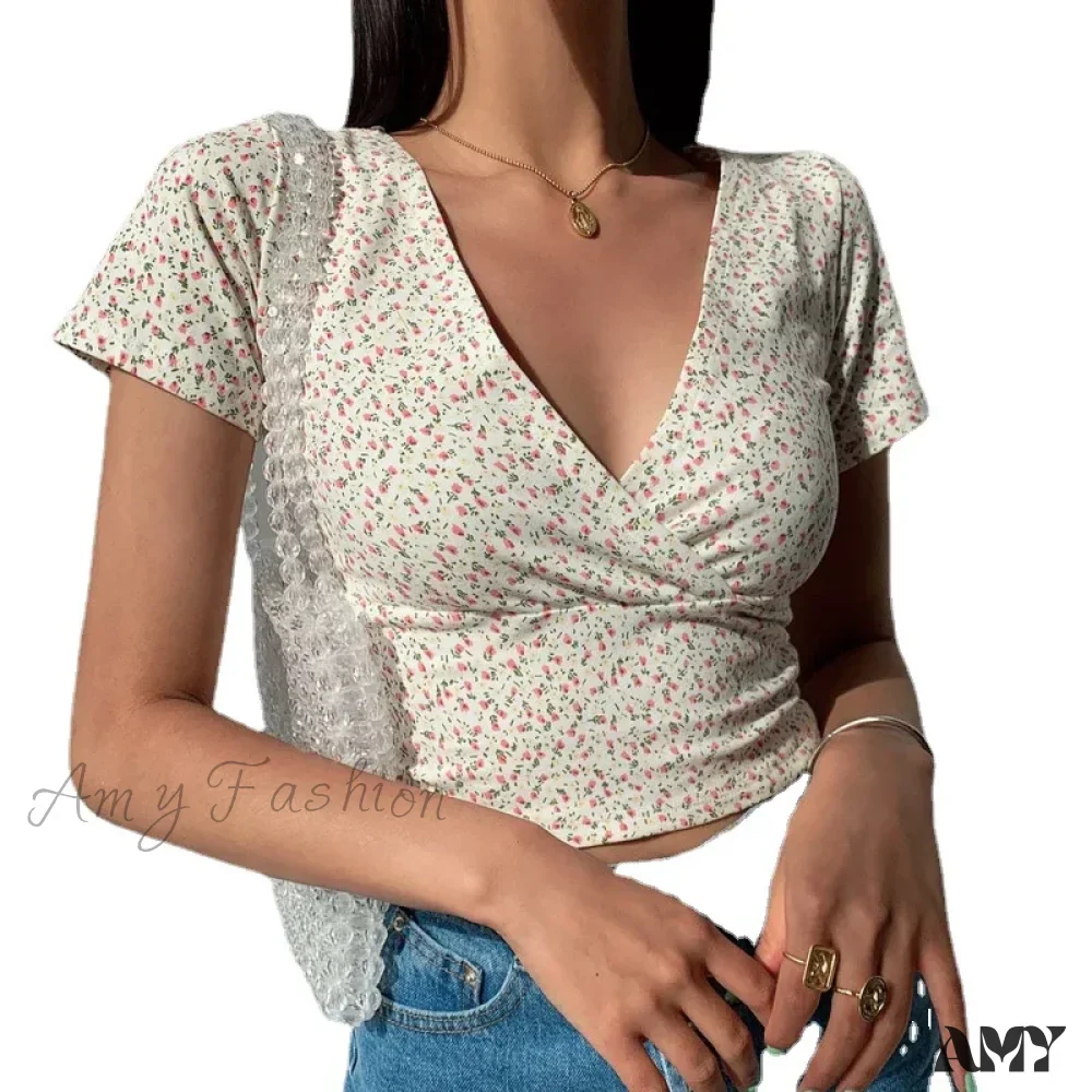 AMY - French Retro Floral V-neck Slim T-shirt Crop Top - Image 4