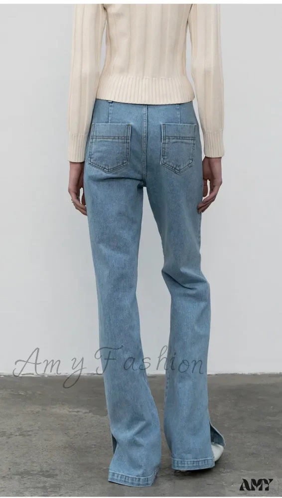 Amy Fashion - High Quality Women Spring and Autumn All-match Side Slit Straight High Waist Bootcut Jean - Image 3