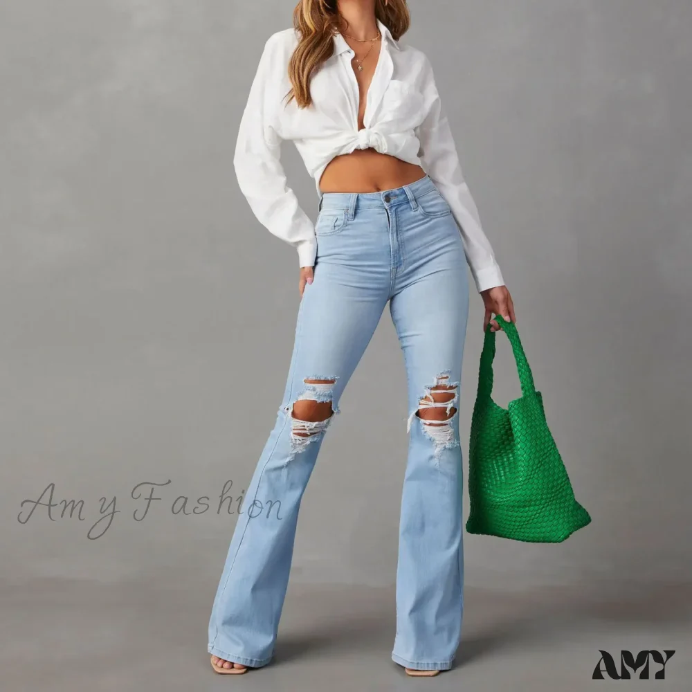 Amy Fashion - High Waist Flare for Women Fashion Ripped Distressed Denim Woman Bottom Streetwear Ladies Jean