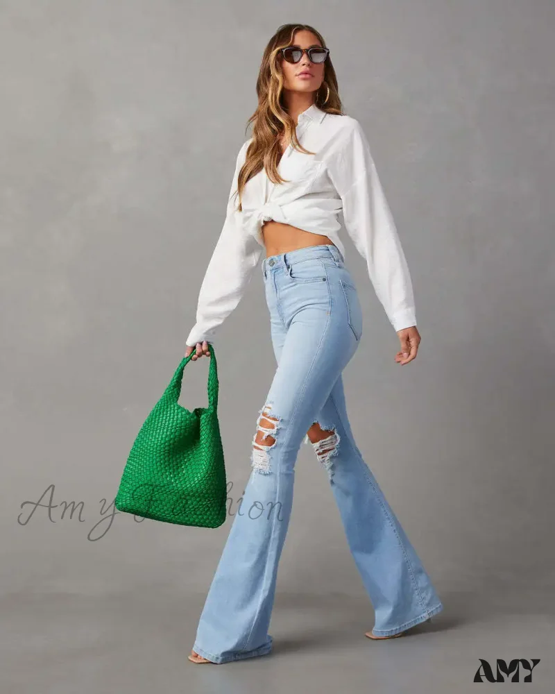 Amy Fashion - High Waist Flare for Women Fashion Ripped Distressed Denim Woman Bottom Streetwear Ladies Jean - Image 2