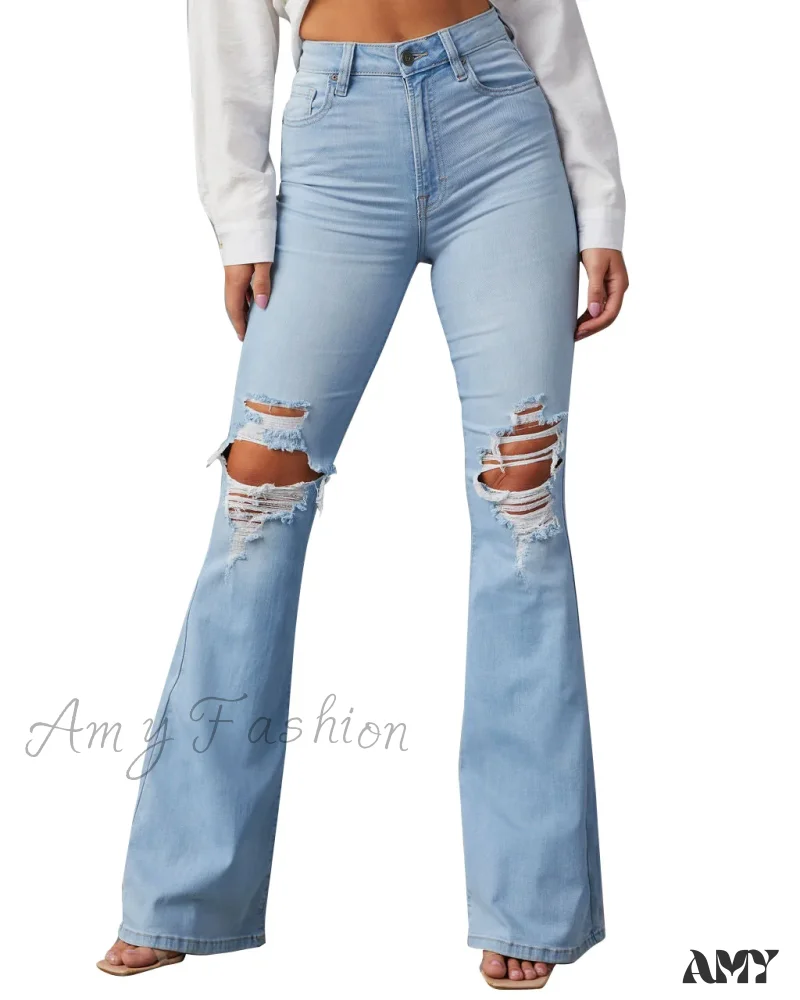 Amy Fashion - High Waist Flare for Women Fashion Ripped Distressed Denim Woman Bottom Streetwear Ladies Jean - Image 3