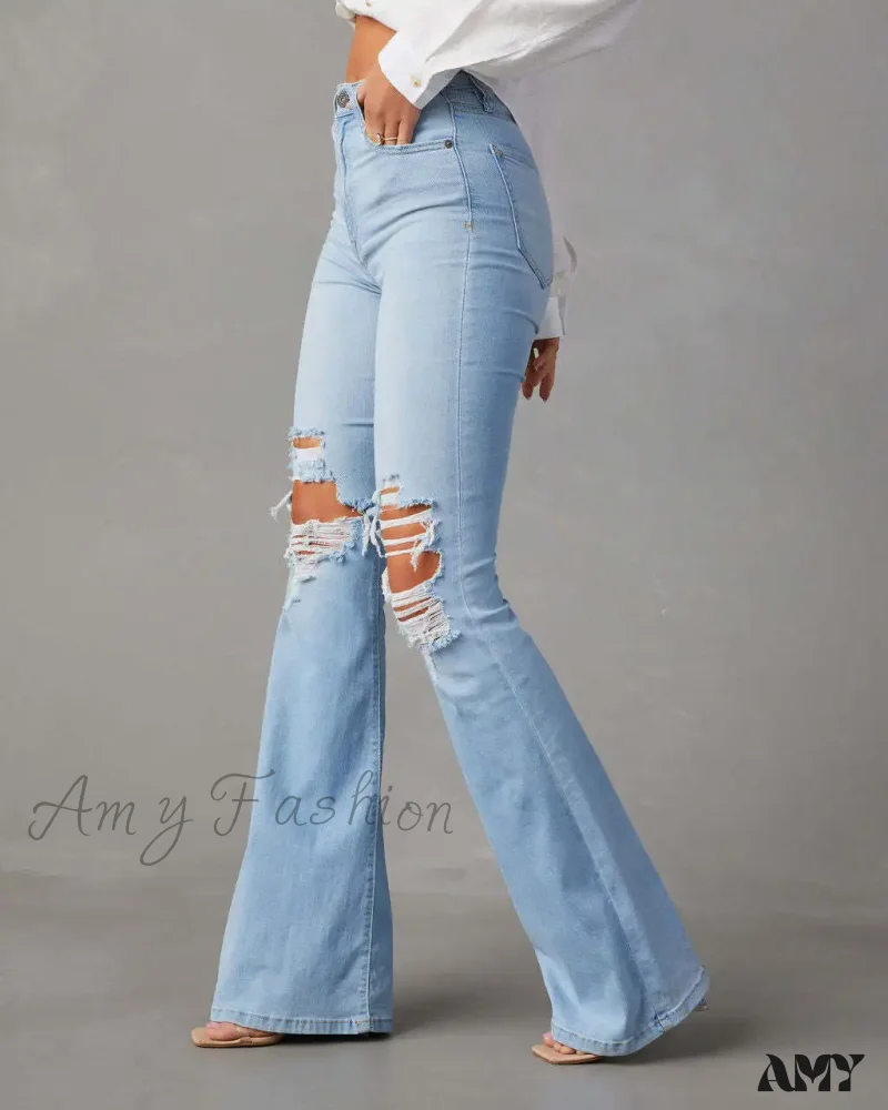 Amy Fashion - High Waist Flare for Women Fashion Ripped Distressed Denim Woman Bottom Streetwear Ladies Jean - Image 4