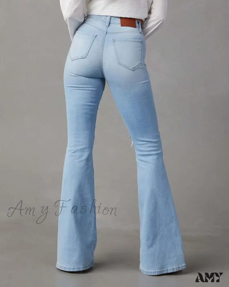 Amy Fashion - High Waist Flare for Women Fashion Ripped Distressed Denim Woman Bottom Streetwear Ladies Jean - Image 5